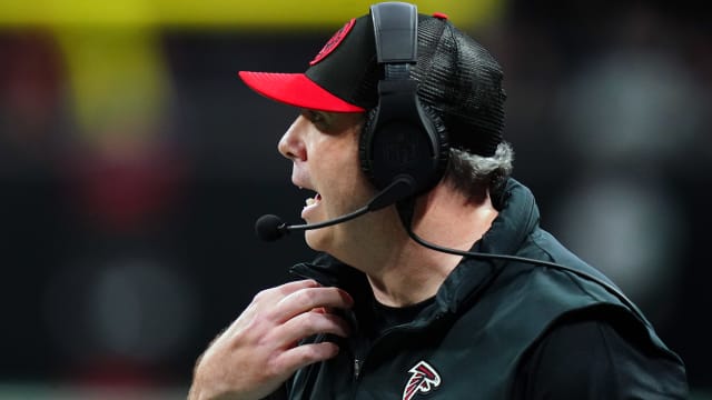 Atlanta Falcons head coach Arthur Smith shouts along the sidelines against the Indianapolis Colts during the first half at Mercedes-Benz Stadium.